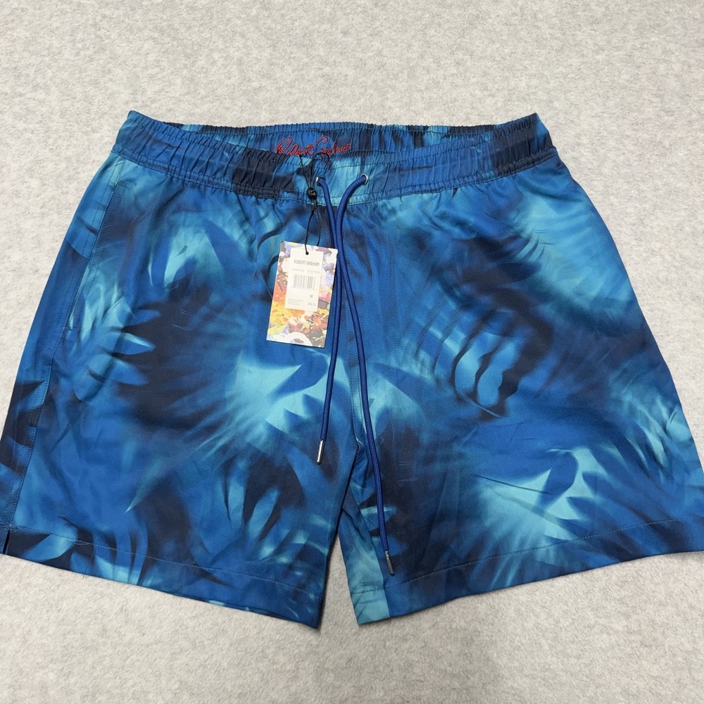 Robert Graham Swim Trunks Mens Medium Blue Tie Dye Palm Lined Stretch Drawstring